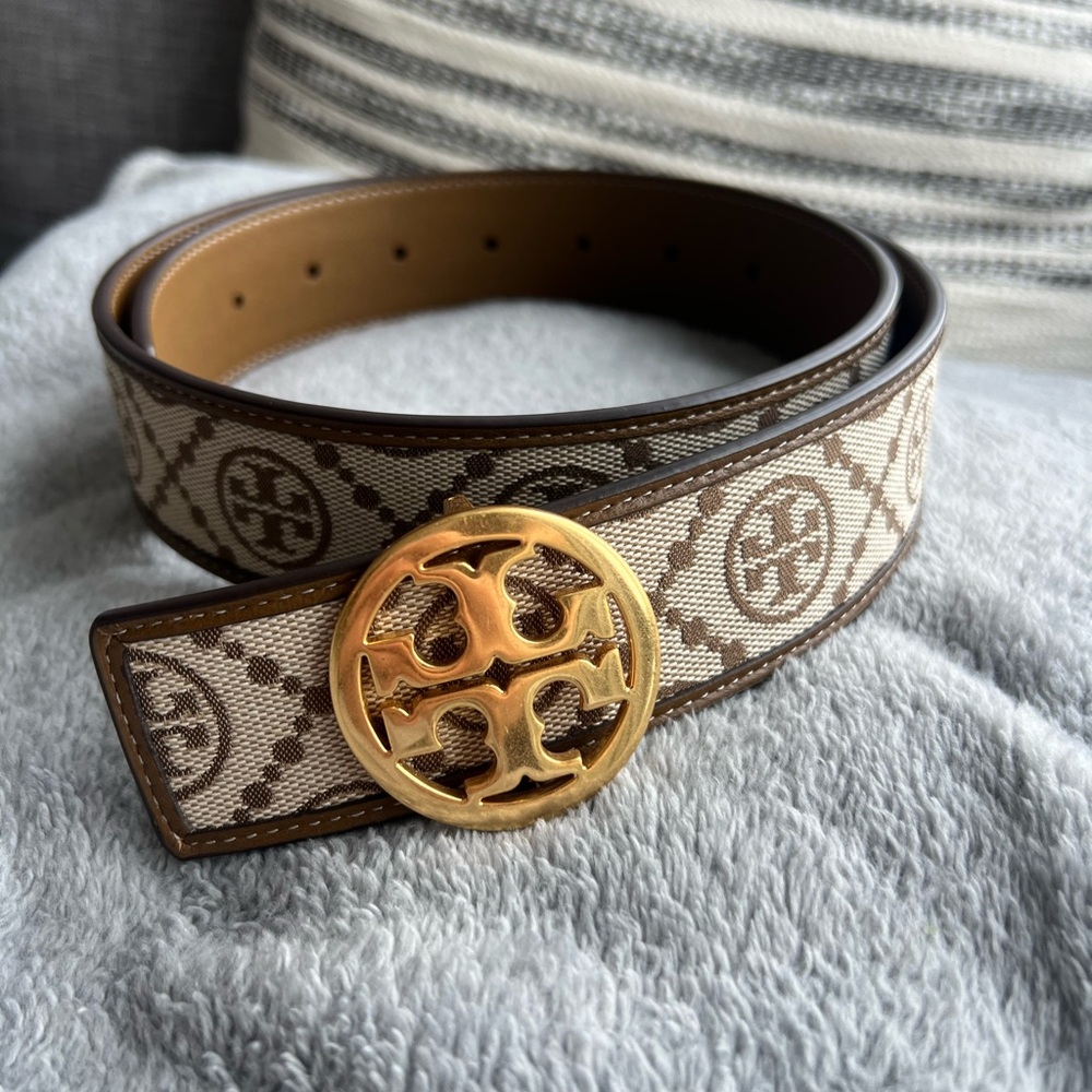 Tory Burch Brown Monogram Belt with Gold Buckle